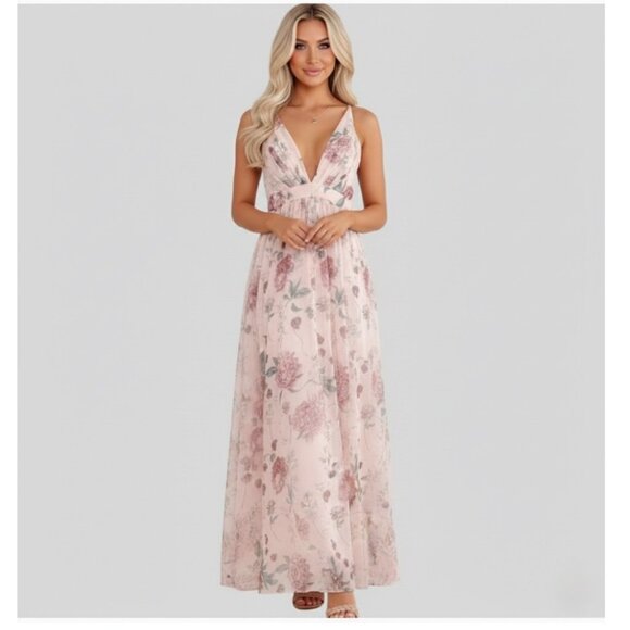 Floral Deep V-Neck Sleeveless High Waist Pleated Backless Spaghetti Strap Dress - Picture 1 of 9